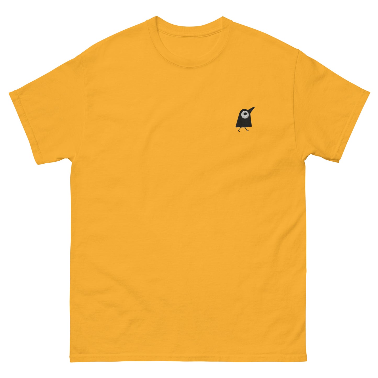 Besticktes gelbes T-Shirt mit grafischer schwarzer Vogel Stickerei