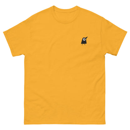 Besticktes gelbes T-Shirt mit grafischer schwarzer Vogel Stickerei