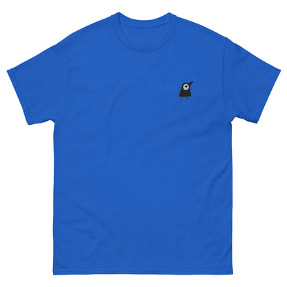 Besticktes blaues T-Shirt mit minimaler Vogel Grafik